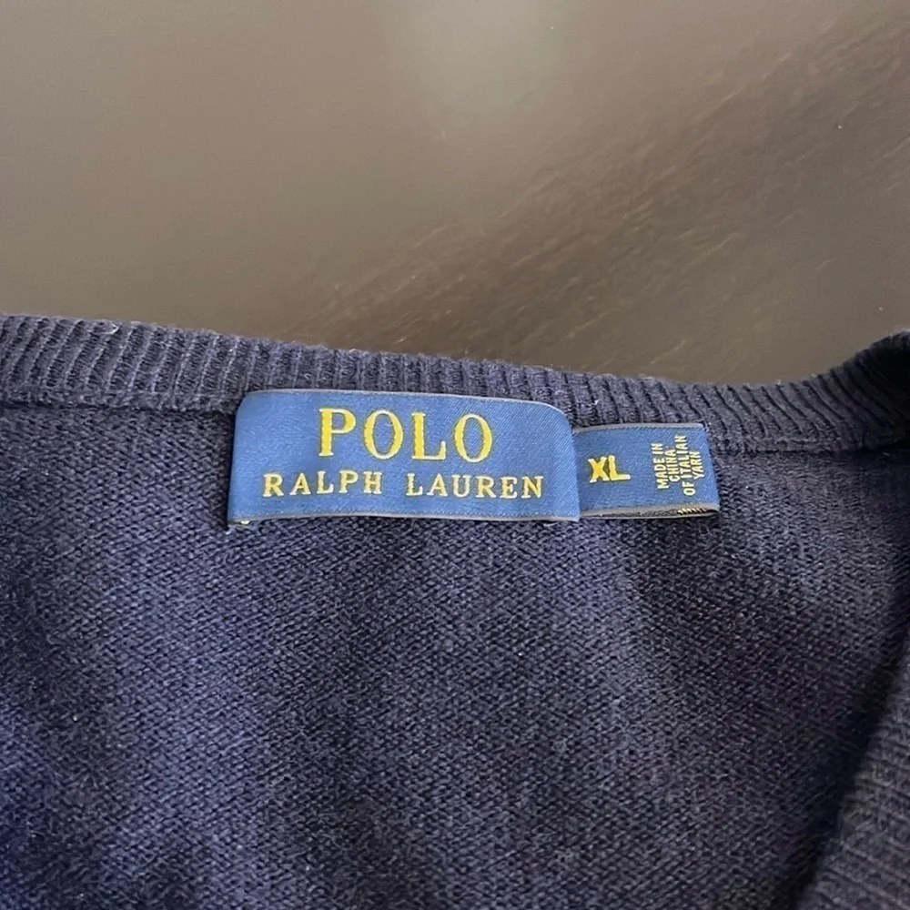 POLO Ralph Lauren 100% Merino wool Men’s V neck pullover sweater, navy blue,XL
